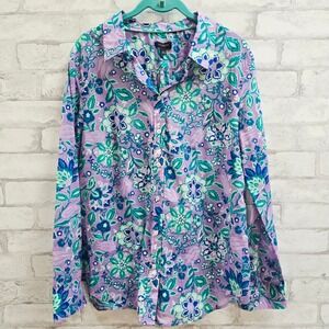 Talbots Womens Purple Teal Floral Cotton Button Down Shirt Long Sleeve Size L